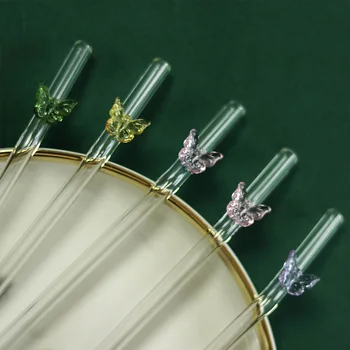 Многоразовые стеклянные соломинки с разноцветной бабочкой, Экологически Чистые Соломинки для питья с чистой щеткой, Смузи, коктейли, Аксессуары для бара